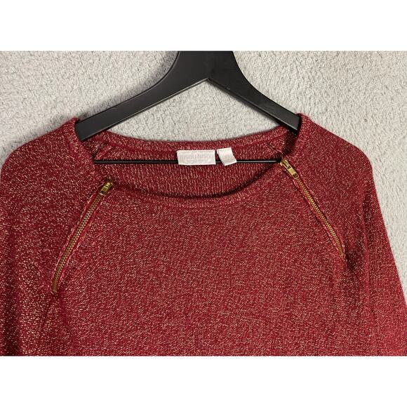 Bisou Bisou Red Metallic‎ Knit Sweater XS Gold Zip Detail Long Sleeve Pullover - Picture 5 of 9